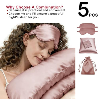5Pcs Silky Sleep Mask Eye Masks Breathable Soft Satin Pillowcases Set for Sleeping Similar to Silk Pillowcase Travel Gift - color: Sandalwood-queen Size