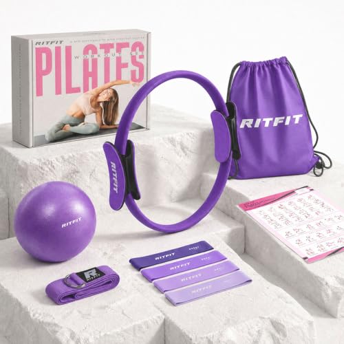 RitFit Pilates Ring 14 Inch Magic Fitness Circle for Inner Thigh Toning | Bonus Workout Guide & Storage Bag Included, Lightweight & Portable, Pilates Yoga Full Body Toning - style: Purple Kit