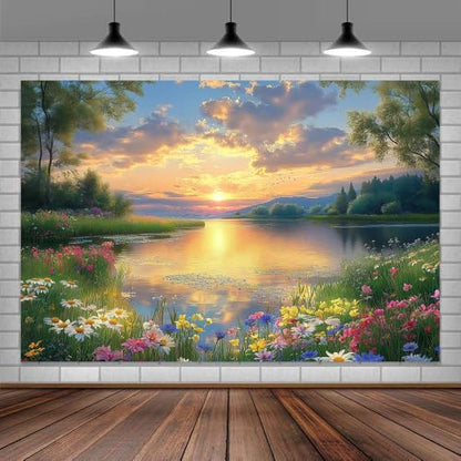 7X5ft Lake Natural Scenery Backdrop Spring Natural Scenery Flowers Landscape Mountain Forest Trees Flower Blue Sky Photography Background Picnic Camping Hiking Spring Travel Vacation Backdrop - color: Green, size: 7x5FT