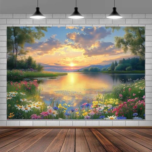 7X5ft Lake Natural Scenery Backdrop Spring Natural Scenery Flowers Landscape Mountain Forest Trees Flower Blue Sky Photography Background Picnic Camping Hiking Spring Travel Vacation Backdrop - color: Green, size: 7x5FT