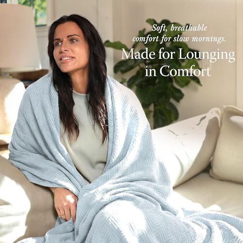 Threadmill Luxury 100% Cotton Queen Herringbone Blanket, Light Blue - color: Light Blue, size: Queen (90" x 92")