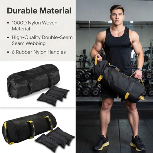 Taeku Fitness Sandbag with Handles, Adjustable Weight Training Bag | 1000D Oxford Fabric, Six Handles, Three Filler Bags, Adjustable Weight, Waterproof, Home Gym & MMA - color: Yellow