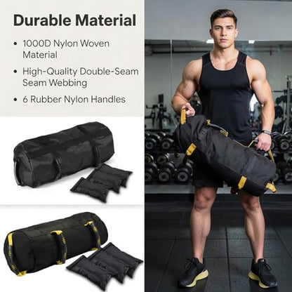 Taeku Fitness Sandbag with Handles, Adjustable Weight Training Bag | 1000D Oxford Fabric, Six Handles, Three Filler Bags, Adjustable Weight, Waterproof, Home Gym & MMA - color: Black