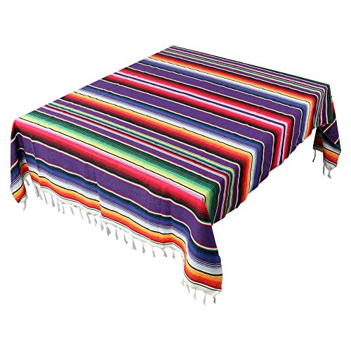 AerWo Mexican Tablecloth 60 x 85 Inch, Colorful Cotton Mexican Blanket with Fringe, Handwoven Beautiful Table Cloth for Mexican Fiesta Party Cinco de Mayo Decorations Perfect Picnic Blanket - color: Purple