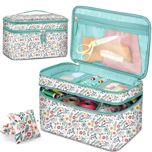 FINPAC Double-Layer Sewing Accessories Storage and Organizer Case Bag | Sewing Kits Carrying Bag with Wrist Pin Cushion for Threads, Needles, Embroidery Floss, Felting Kits, Spring Bloom - color: Spring Bloom