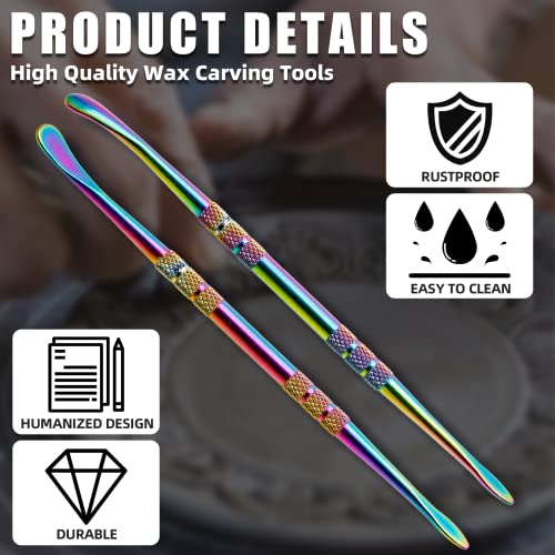 HARSKIYER 12Pcs Rainbow Steel Wax Carving Spoon Tools | Pointed Spoon-Shaped Dual Ends, Knurled Non-Slip Handle For Comfortable Grip, Rust-Proof Steel For Modeling Cutting Shaping - color: Rainbow