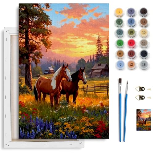 Spandrel Horse Framed Paint by Numbers Kit for Adult, Sunset Farm Adult Paint by Number Kits on Canvas, DIY Acrylic Oil Farmhouse Painting by Numbers for Home Wall Decor, 8x12in - color: Horse, Scenery