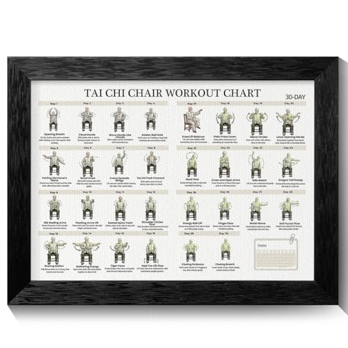 Framed Tai Chi Chair Workout Chart Poster, 30 Day Tai Chi Chair Challenge Seated Exercises for Beginners and Seniors Canvas Wall Art, Adult Home Fitness Guide Wall Decor for Gym 12x16in - color: Challenge, size: 16"L x 12"W, style: Framed