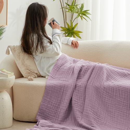 Love's cabin 100% Cotton Muslin Blanket, 6 Layer Lightweight Breathable Gauze Queen Size Blanket 90 x 90 Inches, Soft All Season Blanket for Bed, Lavender - color: Lavender, size: Queen(90"x90")