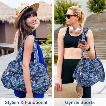 TOPDesign Travel Duffel Bag for Women, Puffer Gym Bag Sports Tote with Wet Pocket, Carry On Weekender with Luggage Sleeve (Bandanna) - color: Bandanna
