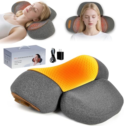 3-in-1 Rechargeable Wireless Heating Neck Massage Pillow—Relieves Neck Pain; Combines Heat Therapy, Massage, and Stretching Functions in One Ergonomic Neck and Shoulder Relaxer (Gray)