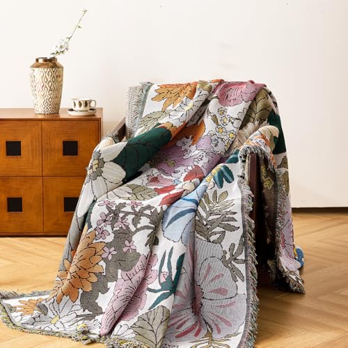 VANJOROY Boho Throw Blanket for Couch Cover, 100% Handwoven Cotton Southwestern Farmhouse Floral Decor Reversible Blanket, All Season Throw for Sofa Bed Tapestry Outdoor Camping Picnic. 71″×134″ - color: Colorful Flower, size: 71″×134″