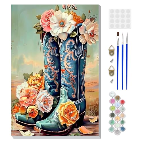 DOMROM Framed Paint by Numbers Cowboy Boots for Adults Beginners, Adult Paint by Number Kits on Canvas, Acrylic Number Painting Craft Kits for Gift Home Decor 8x12in - color: OMQ064