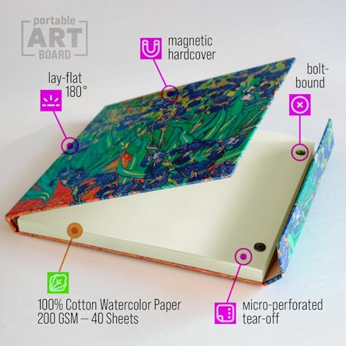 Watercolor Paper Pad — Magnetic Hardcover — 100% Cotton Watercolor Paper, Cold Press 200 GSM — 40 Acid-Free Sheets — Lay-Flat Watercolor Sketchbook — Art Supplies — KIROSKETCH (Irises, 8,5x7,7 in) - color: Irises, size: 8.5x7.7 inch (Square)