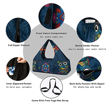 Yoga Mat Bag - Large Yoga Bag with Yoga Mat Strap, Zipper and Pockets - Yoga Bags and Carriers Fits All Your Stuff - Personalized Yoga Mat Bags for Women Fits Most Size Mats - color: Mandala Owl