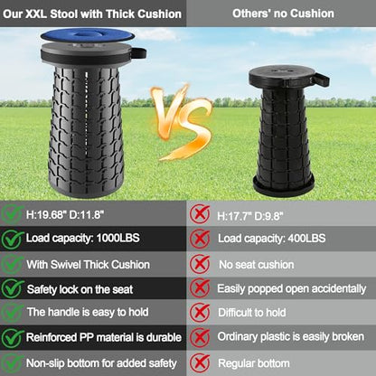 ALEVMOOM Upgraded XXL 19.7" Collapsible Stool with Cushion, Heavy Duty Portable Folding Stool Max Load 1000 lbs, Retractable Telescoping Foldable Seat Chair for Camping Fishing Travel - color: Black