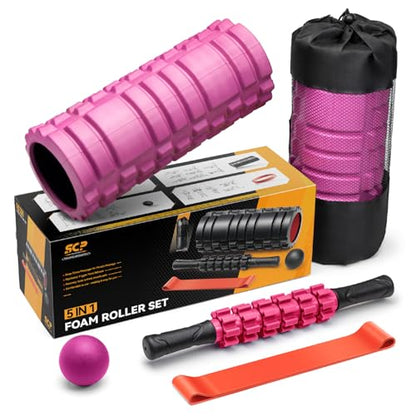 SUBCULTUREPICK 5 in 1 Foam Roller Set for Deep Tissue Muscle Massage - color: Pink-black