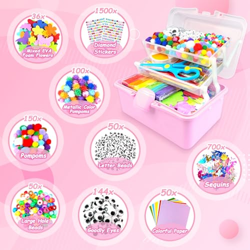 3000 Arts and Crafts Supplies for Kids Craft Kit Craft Box with Pipe Cleaners Arts and Crafts for Kids Age 4-6, 6-8, 8-12 DIY School Supplies Materials Set Toys Gifts for Girls Boys Toddlers, Pink - color: pink