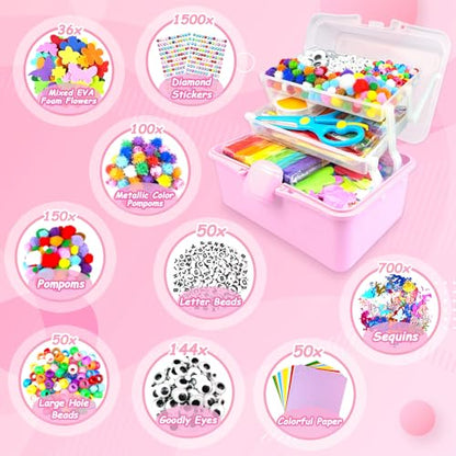 3000 Arts and Crafts Supplies for Kids Craft Kit Craft Box with Pipe Cleaners Arts and Crafts for Kids Age 4-6, 6-8, 8-12 DIY School Supplies Materials Set Toys Gifts for Girls Boys Toddlers, Pink - color: pink
