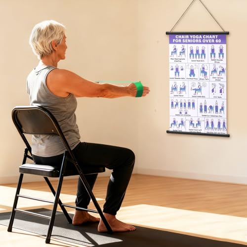 JolliLudo 2 Pcs Chair Yoga Wall Chart and 2 Pcs Elastic Band for Seniors Beginners, 31 Yoga Poses Fabric Poster with Hanging Rod & Rope, Foldable, Easy to Display for Home Office Living Room Decor