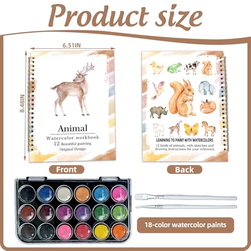 Watercolor Workbook, Water Coloring Book, 12 Different Patterns of Original DIY Designs, 18 Colors Watercolor Set, Beginner-Friendly Watercolor Workbooks (Animals), Perfect Gifts for Adults - color: animal
