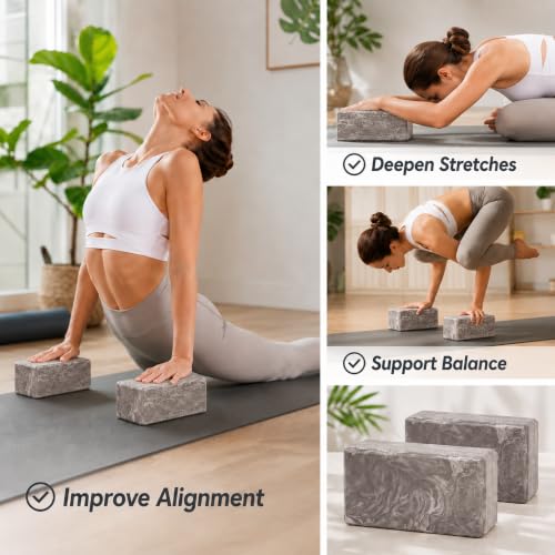 EXERZ Yoga Blocks 2 pack, Gym Blocks, Exercise Workout Fitness Bricks, Pilates Stretch Handstand Non-Slip - color: Marble Black