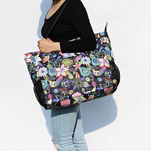 ESVAN LARGE BEACH BAG Water Resistant Lightweight 20 inch Women Oversize Tote Bag for Gym Beach Travel Pool Yoga Nurse - color: Black Embroid