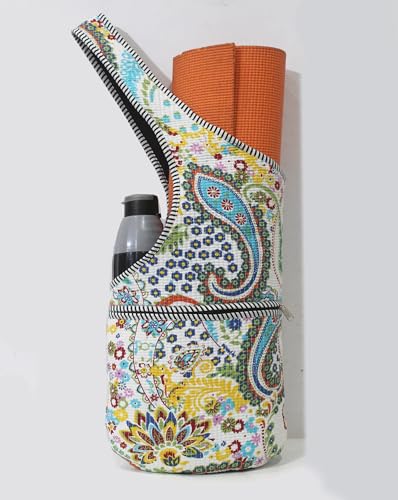 INDIAN CRAFT CASTLE Yoga Mat Bag | Tote Mat Bag | Sling Yoga Tote w/Large Side Pocket & Zipper Pocket | Yoga Mat Carrier Fits Most Size Mats - color: White Paisley