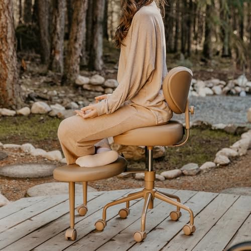 Pipersong Meditation Cross Legged Chair PRO, ADHD Chair with Height Adjustable Backrest, Criss Cross Desk Use with Footrest and Wheels for Home Office, Flexible Design for Fidgety Sitters, Tan | Height Adjustable Ergonomic Backrest, Memory Foam Cushion, E