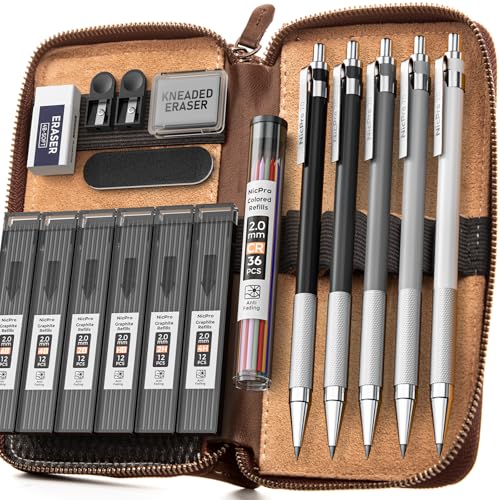 Nicpro 17PCS Metal 2mm Mechanical Pencil Set in Leather Case, 5 PCS 2.0 mm Lead Pencil Holders (4B 2B HB 2H 4H) 6 Tube Black Colored Lead Refills, Erasers, Sharpener For Art Drafting Sketching Drawing | Mechanical Pencil Pack, 5 PCS Lead Pencils, 6 Tubes