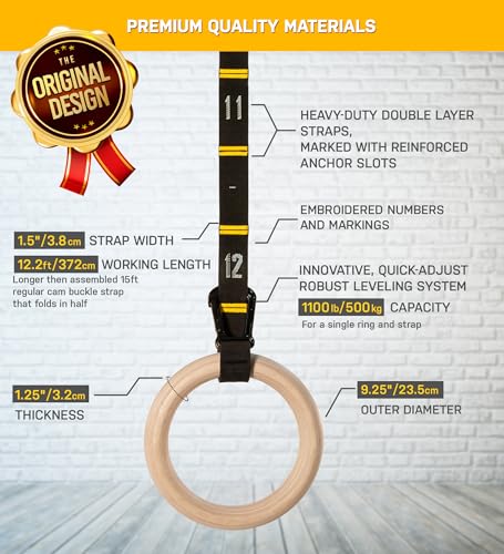 Double Circle Wood Gymnastics Rings with Quick Adjust Numbered Straps and Exercise Videos Guide - Full Body Workout Rings, Calisthenics, Home Gym (Multi-Size) - style: Rings & Straps - Extra Long