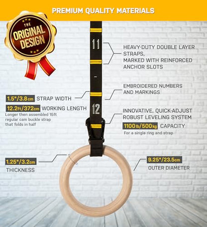 Double Circle Wood Gymnastics Rings with Quick Adjust Numbered Straps and Exercise Videos Guide - Full Body Workout Rings, Calisthenics, Home Gym (Multi-Size) - style: Rings & Straps - Extra Long