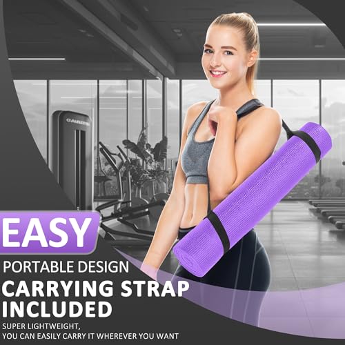 Fitvids All Purpose Thick High Density No Tear Exercise Yoga Mat with Strap & Lightweight Features for Indoor & Outdoor Use - color: Purple