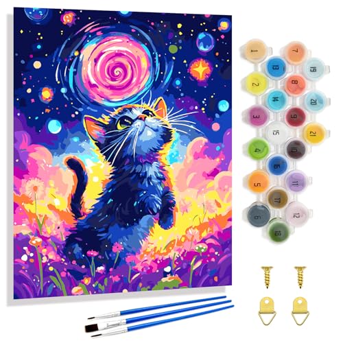 Yunnuo Starry Night Cat Paint by Numbers Kit for Adults Beginner,Paint by Numbers Animals,DIY Adult Paint by Numbers on Canvas for Home Decor & Gift (16x20 inch/40x50cm) - color: A-006-Star Cat