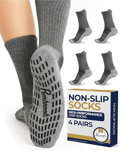 Pembrook Non Slip Crew Grip Socks Men & Women - 4 Pairs | Non Slip Socks for Elderly, Hospital, Pilates, Yoga, Barre, Home - color: Gray - 4 Pairs, size: Medium