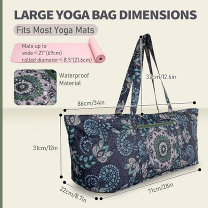 Yoga Mat Bag Yoga Tote Bag with Large Waterproof Zipper Pocket and Drawstring Pocket Yoga Mat Bag Carrier Fit Most Size Mats and All You Stuff - color: dark blue green
