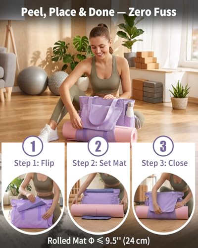 sportsnew Yoga Mat Bag Waterproof Tote Gym Bag Mat Carrier W/Wet Pocket | hook-and-loop mat holder 5s quick access, 40oz handled bottle pocket, wet bag, lightweight waterproof, drawstring pockets,19L - color: Purple