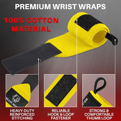 TECEUM Elastic Cotton Weightlifting Wrist Wraps with Thumb Loops, 1 Pair - color: Yellow, style: 18" – Beast Mode