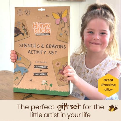 Honeysticks Kids Activity Set - 6 Stencils and Jumbo Beeswax Crayons (8 Pk) | Art Set for Ages 3-5 - Non-Toxic Crayons (8 Pack) Plus 6 Large Stencils - Easy to Use - Preschool Drawing and Coloring, Gift