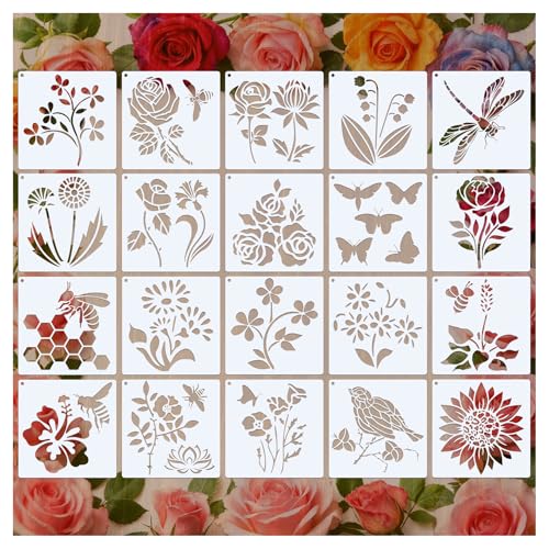Flower Stencils for Painting on Wood, Wall, Fabric, Paper – 20 Pcs PET Farm Garden Drawing Templates with Butterfly, Dragonfly, Sunflower, Rose Designs, 5x5 Inch Reusable Stencils - style: JLL-Wildflower