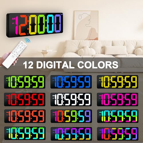 TXL 17.2" Bluetooth Digital Wall Clock with Seconds, Large Countdown Timer for Classroom Home Gym Kitchen Office, Alarm Clock with Remote Control, 4 Dimmable Brightness, Auto DST (RGB) - color: Rgb