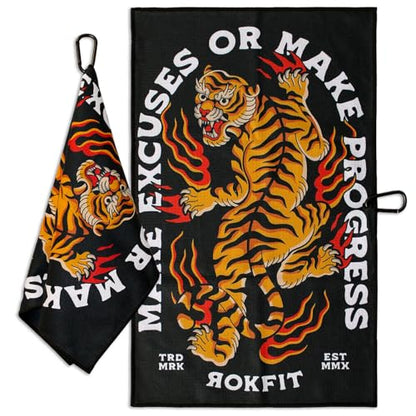 RokFit Gym & Golf Towel – Multi-Use, Quick-Dry, Durable Utility Towel with Bold Graphic and Carabiner Clip (Make Excuses Or Make Progress) - color: Make Excuses Or Make Progress