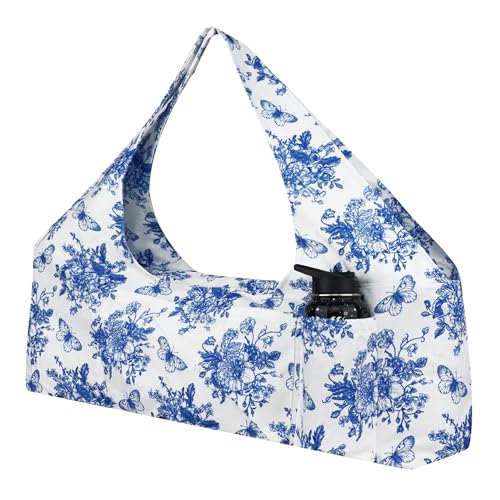 Large Yoga Mat Bag Yoga Bags and Carriers Fits All You Stuff Yoga Tote Bag with Yoga Mat Strap, Elastic Pockets and Zipper Pockets - color: white blue