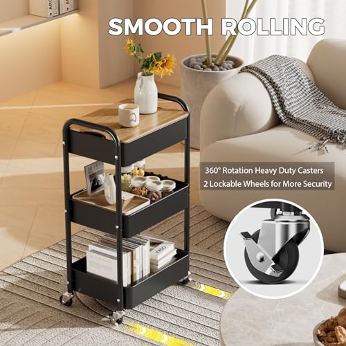 3-Tier Rolling Cart with Table Top, Metal Utility Cart on Wheels | Sturdy Storage Organizer Cart with Lockable Wheels&Hooks for Craft, Office, Classroom, Kitchen and Bathroom, Black - color: Black
