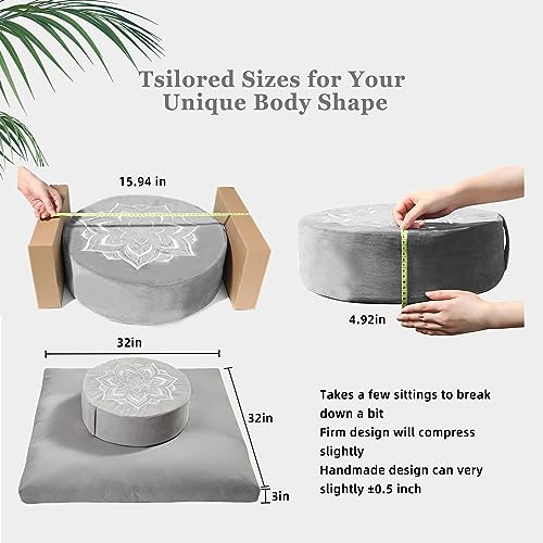 Meditation Zafu Cushion Set with Buckwheat Hulls & Memory Foam - Ergonomic Support for Yoga & Sitting - Removable Machine-Washable Luxury Velvet Cover - for Adults and Kids (Grey) - color: Grey