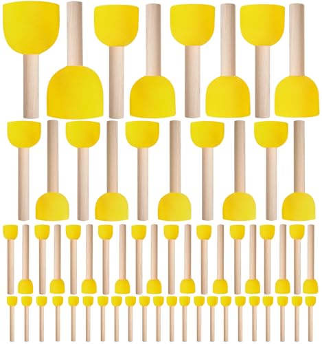 60 Pcs Round Paint Sponges Set, 5 Sizes Sponge Brushes for Painting | Sponge Paint Brushes for Acrylic Painting, Wooden Handle Craft Sponges for DIY, Crafts and Kids Arts - style: 60 Pcs Yellow