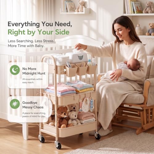 Beige 3 Tier Rolling Cart Metal with Wheels,Tan Three Tiered Bedside Carts | Utility Storage Organizer Trolley on Wheels for Art, Craft, Diaper Caddy,Nursing,Postpartum,Baby Essentials,Bathroom Supplies - color: Light Beige