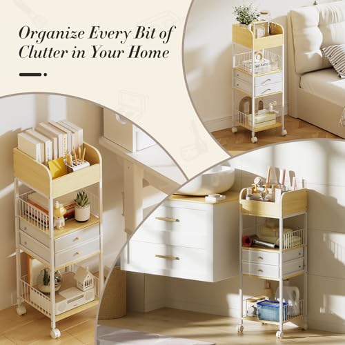 4-Tier Rolling Cart with Drawers, Mobile Storage Organizer | Steel Frame & Wood Shelves, Smooth-Rolling Lockable Casters, Easy Assembly, Organizes Makeup, Skincare & Household Essentials