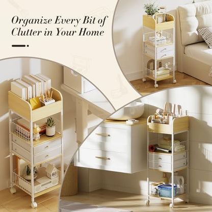 4-Tier Rolling Cart with Drawers, Mobile Storage Organizer | Steel Frame & Wood Shelves, Smooth-Rolling Lockable Casters, Easy Assembly, Organizes Makeup, Skincare & Household Essentials