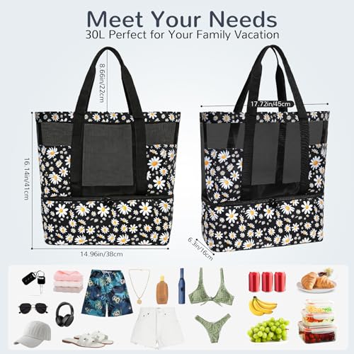 Mesh Tote Beach Bag with Leakproof Wet Compartment - color: Daisy